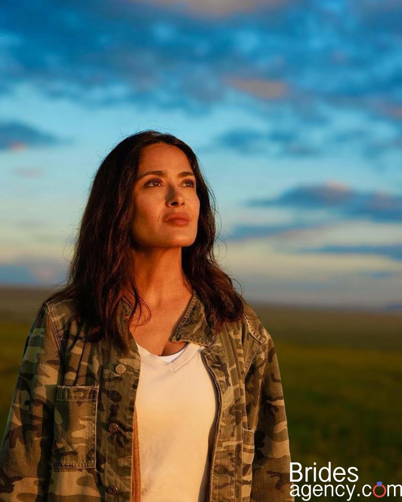 Salma Hayek wearing military shirt