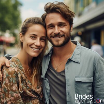 an American husband and a Belarusian wife posing for photo